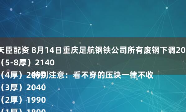 天臣配资 8月14日重庆足航钢铁公司所有废钢下调20。
（5-8厚）2140
（4厚）2090
（3厚）2040
（2厚）1990
（1厚）1890
大车前后桥.2140
已拆发动机2120-2140
汽车壳1730
中上门市1840
中等门市1790
易拉罐-彩钢瓦1540
车屑1840
特别注意：看不穿的压块一律不收
